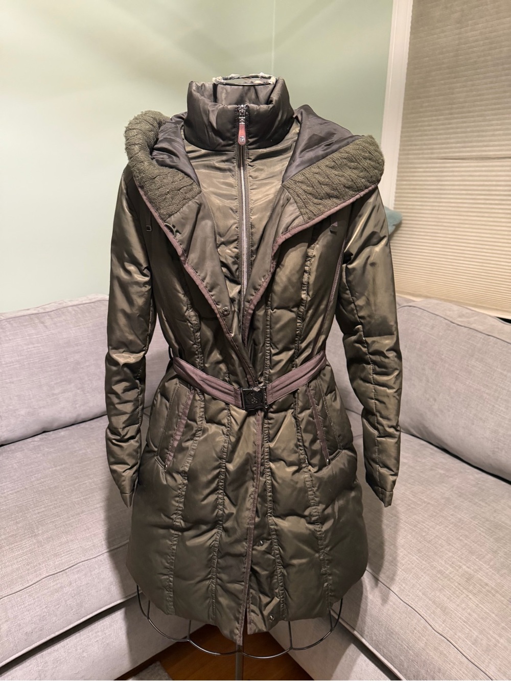 Vince Camuto Olive Green Quilted Belted Women's Winter Coat